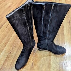 AEROSOLES Black Suede Knee-High Wedges